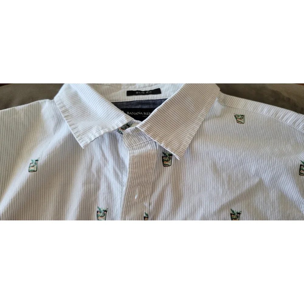Banana Republic Men M Striped Cotton Shirt Short Sleeve White Blue Button-Up